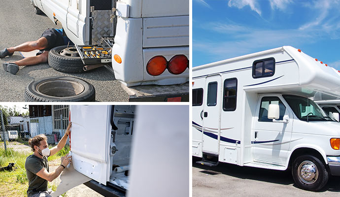 A collage different aspects of RV maintenance and repair